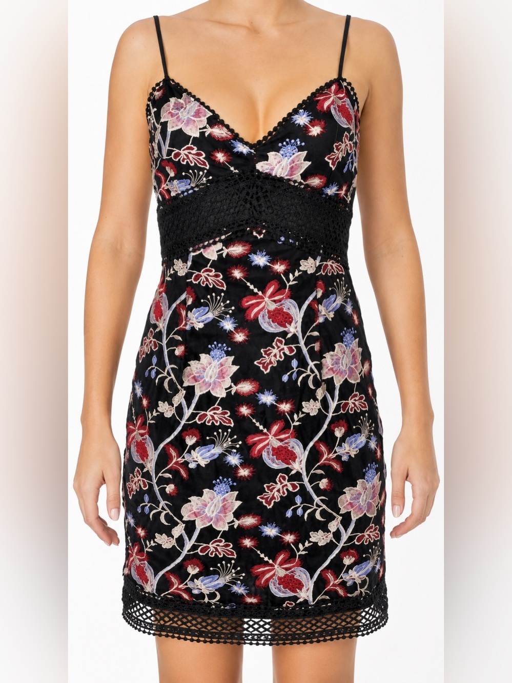 Aqua black embroidered floral dress, small